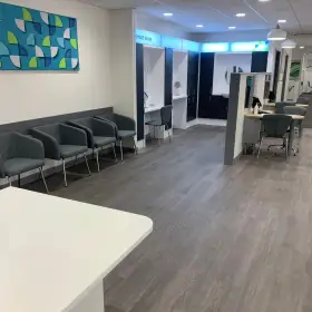 Completed waiting area and dispense desks at Birkenhead Specsavers: Click Here To View Larger Image